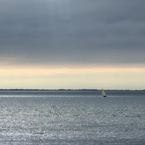 A small boat sailing in the light