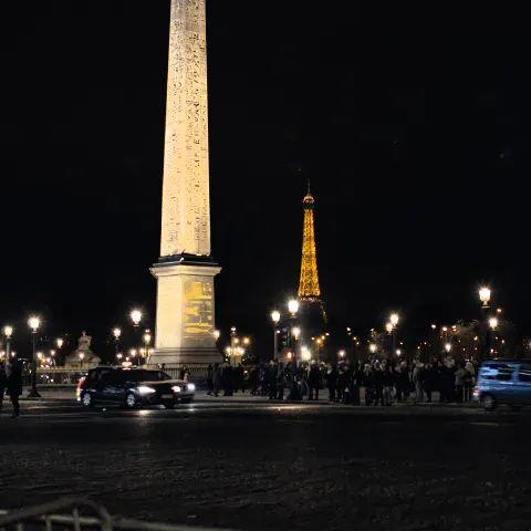 Obelisk of the Place de la concorde in Paris with Eiffel Tower in the back