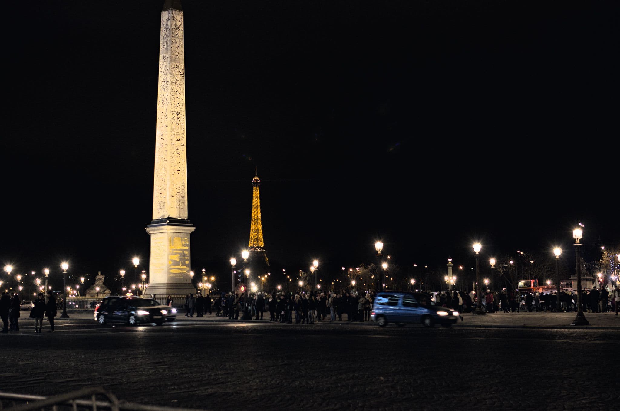 Obelisk of the Place de la concorde in Paris with Eiffel Tower in the back